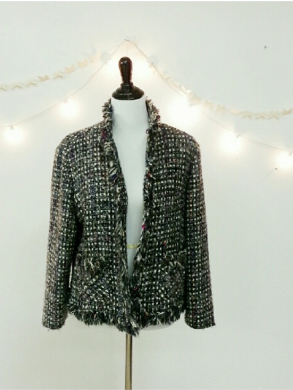 Chico's Black & Gray Tweed Fringe Blazer
